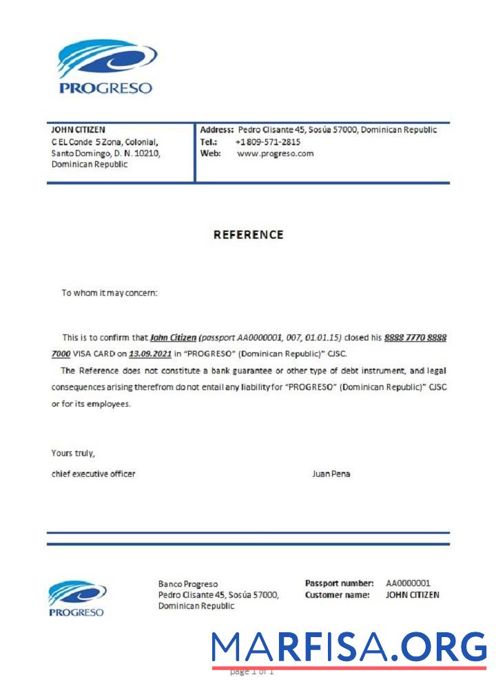 Downloadable Dominicia Banco Progreso closure reference template